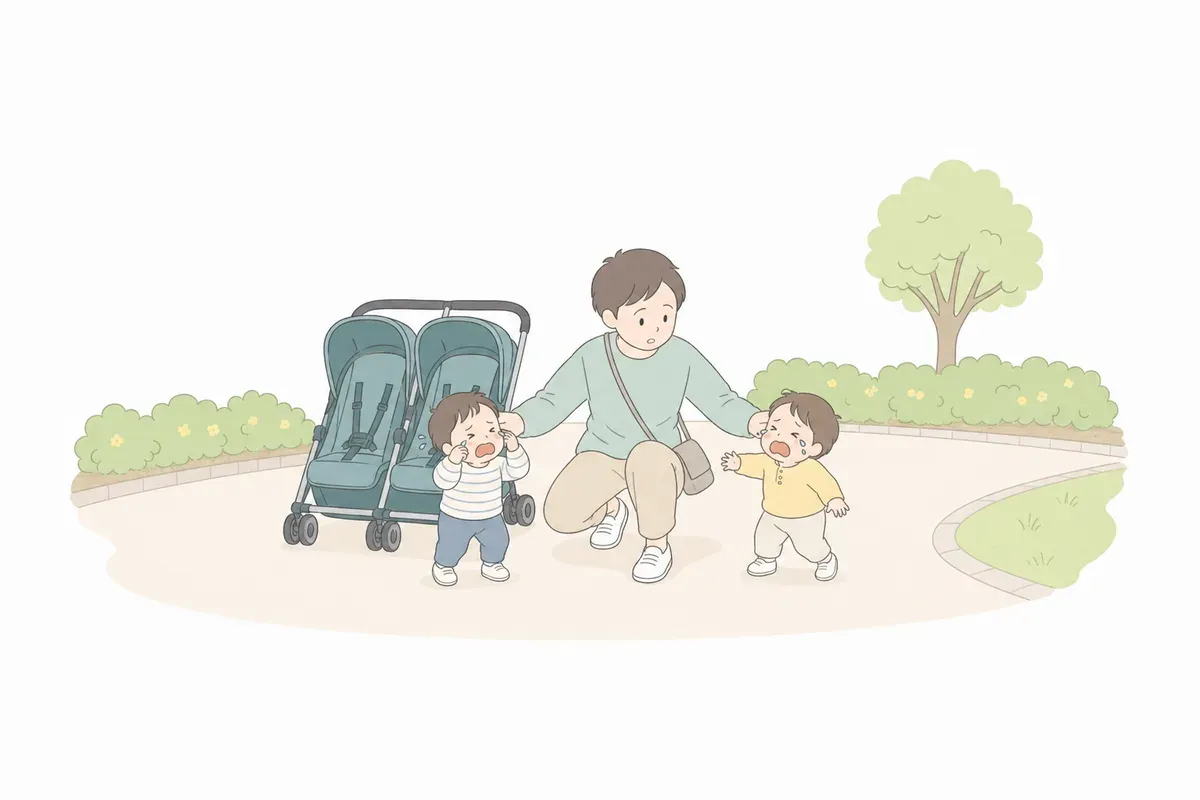 双子の両方を同時にあやす親のイラスト