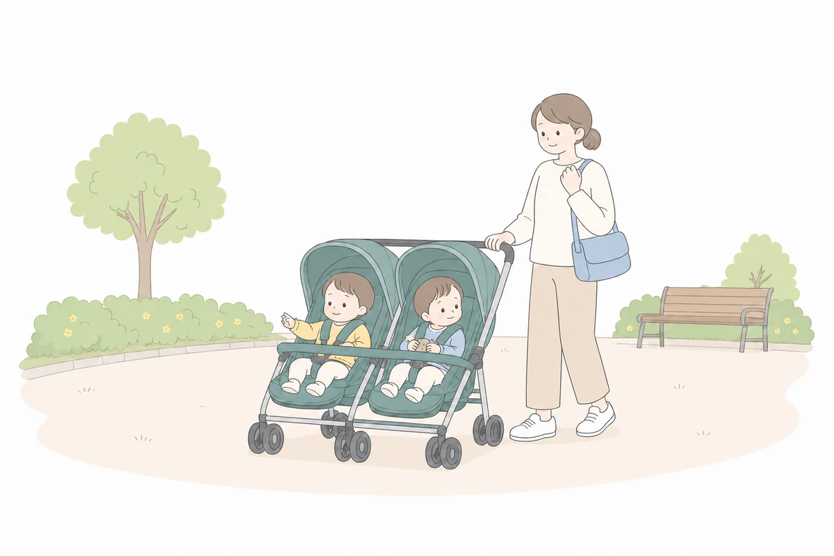 公園で一体型共通バーの横並び双子ベビーカーに座り、落ち着いておやつを持つ双子と親のイラスト
