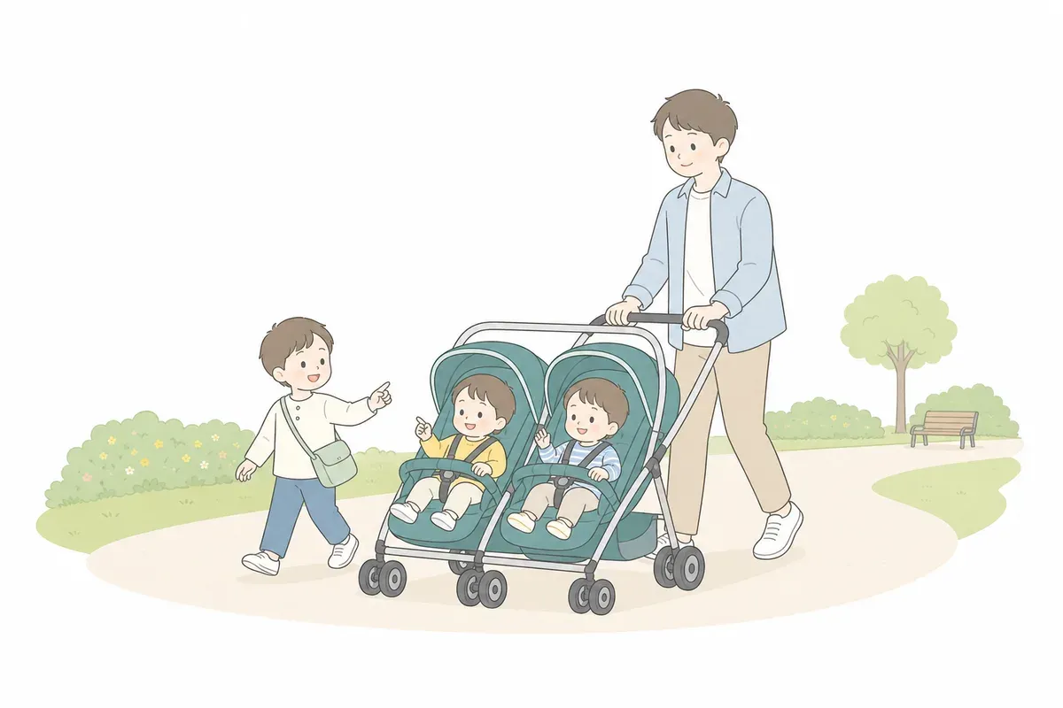上の子と双子の3人を連れた親のイラスト