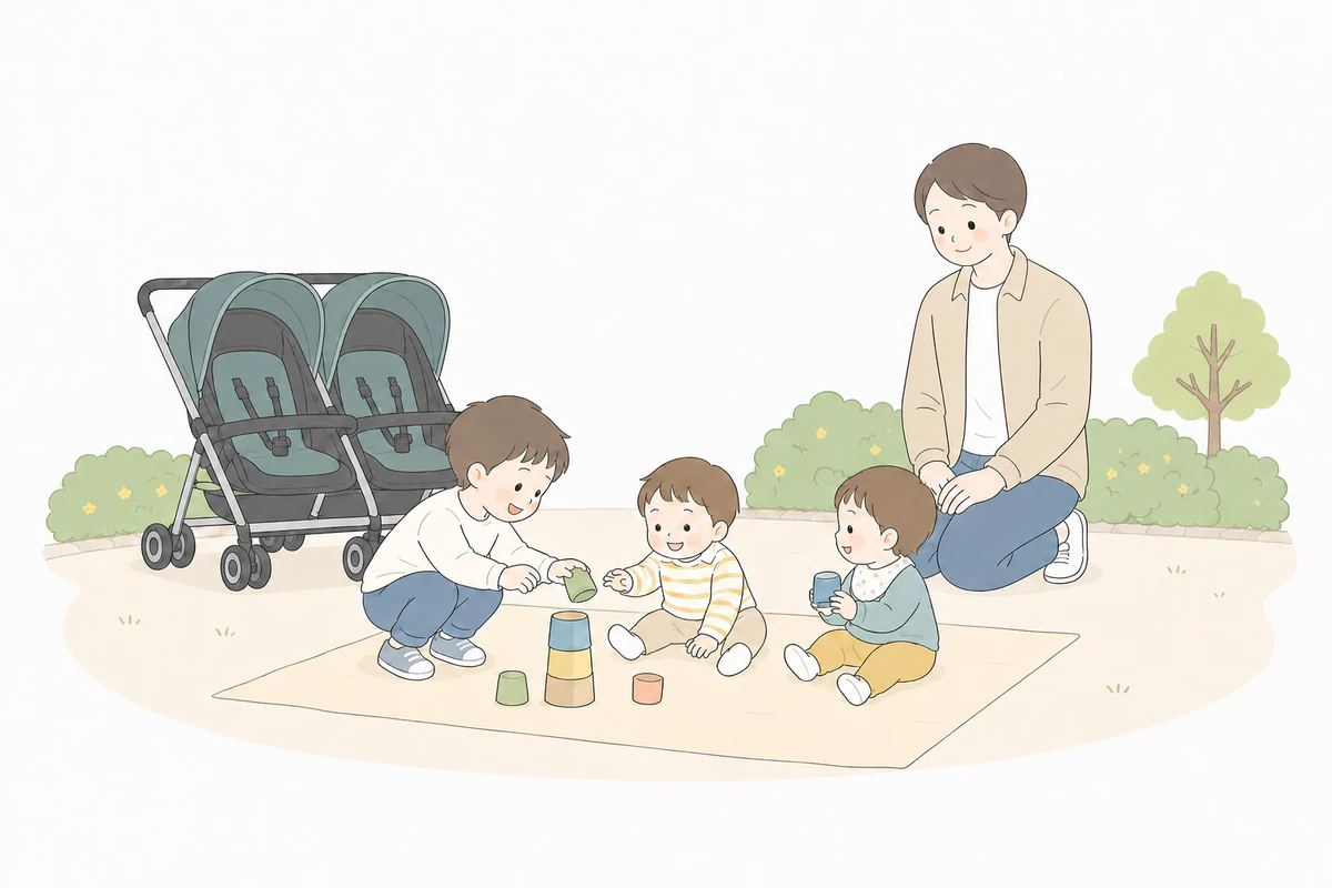 公園のマットで上の子と双子が遊び、左奥に一体型共通バーの横並び双子ベビーカーがあるイラスト
