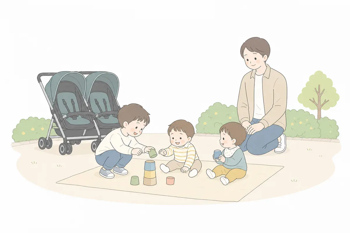 上の子が双子と一緒に過ごすイラスト