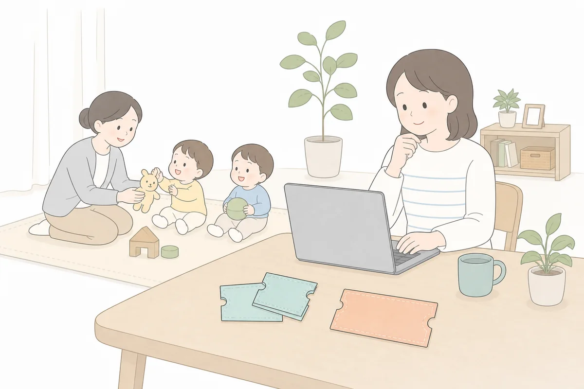 勤務先の画面で2種類のベビーシッター券を確認する双子家庭のイラスト