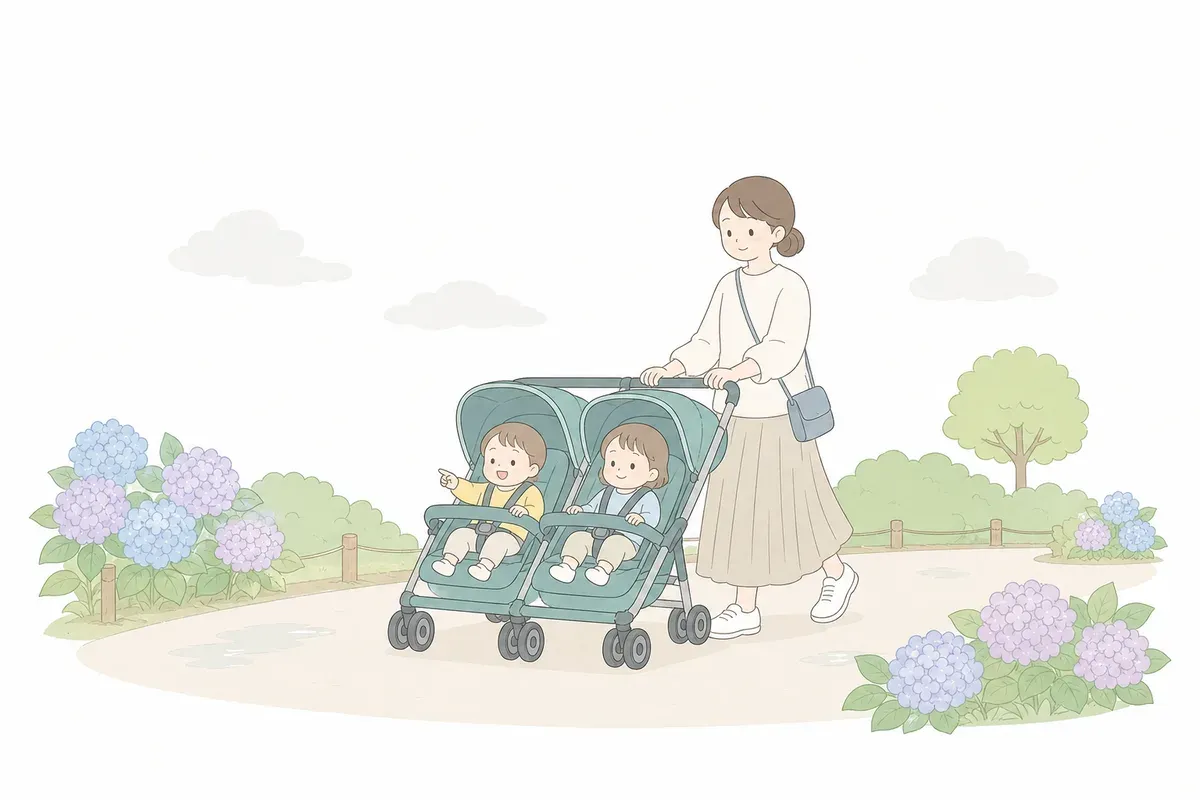 あじさいの咲く平坦な小道で双子用ベビーカーを押す親子のイラスト