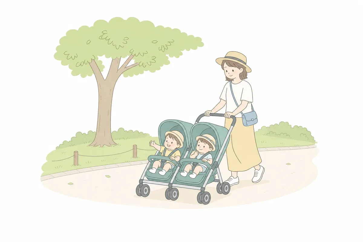 夏の公園を双子用ベビーカーでお散歩する親子のイラスト