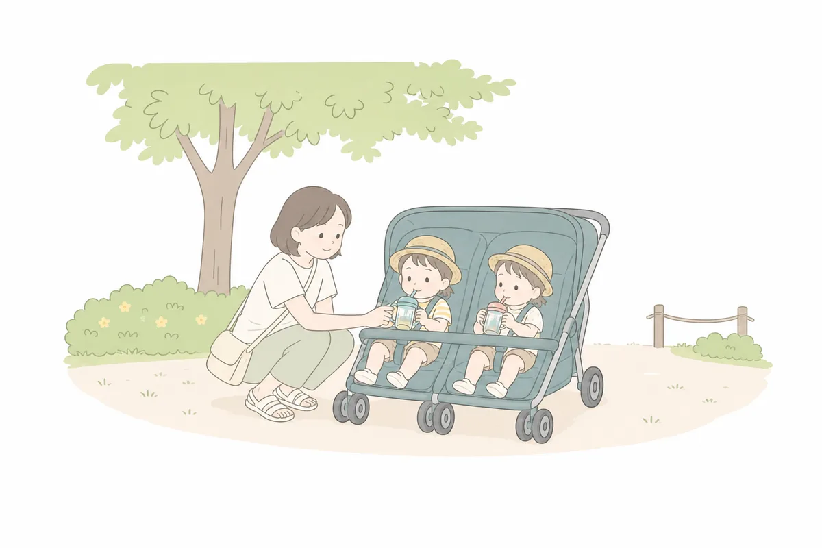木陰で双子に水分をあげる親のイラスト