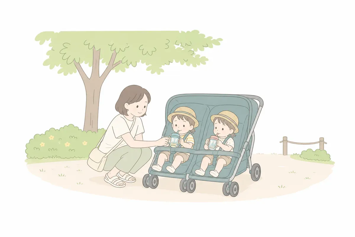 木陰で双子に水分をあげる親のイラスト