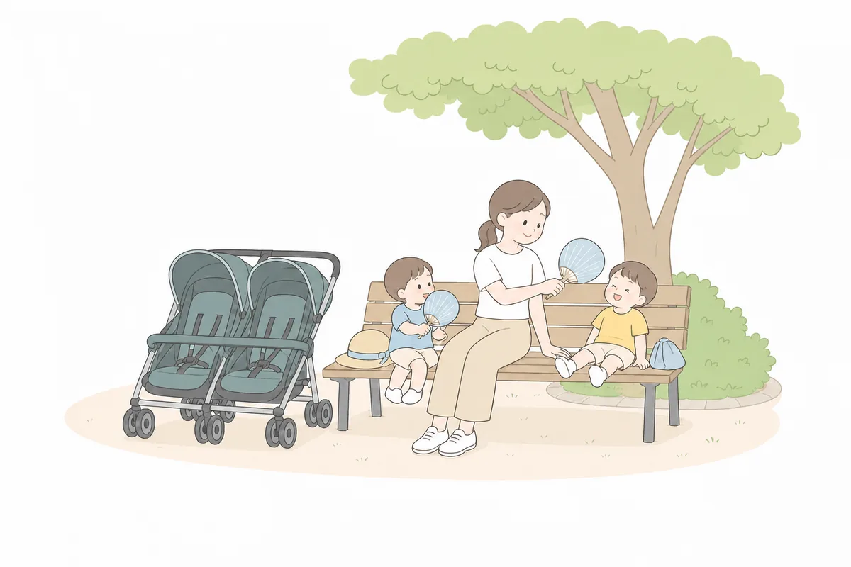 木陰のベンチで双子と涼んで休む親子のイラスト