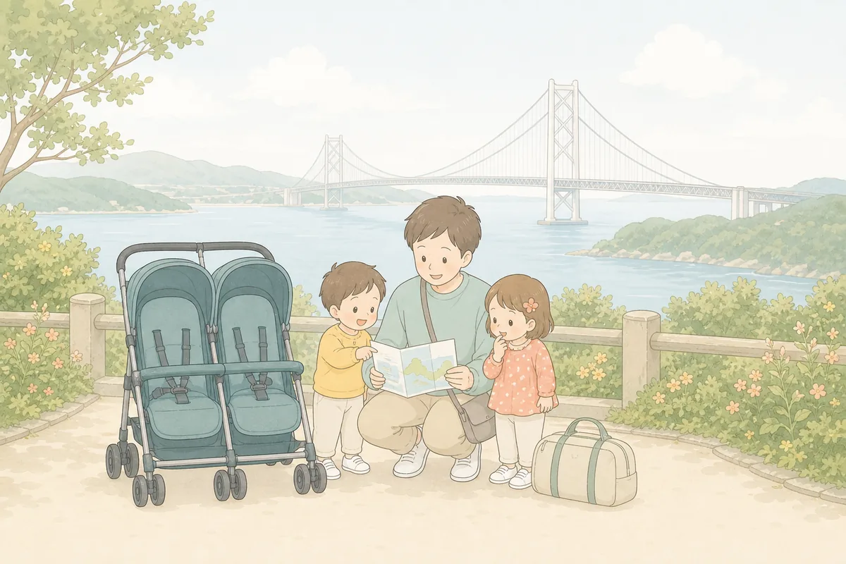 海と吊り橋を望む淡路島の入口で、旅行バッグと一体型共通バーの双子ベビーカーを囲む家族のイラスト