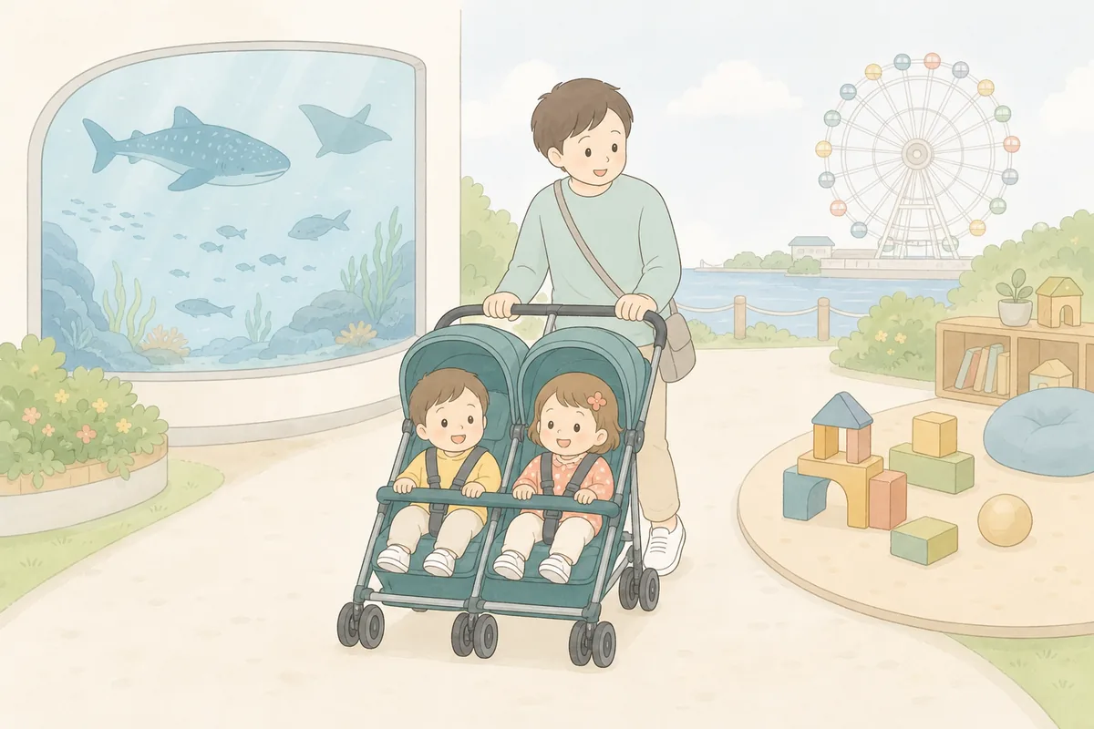 水族館と屋内あそびを近い動線で回る、一体型共通バーの双子ベビーカーと家族のイラスト