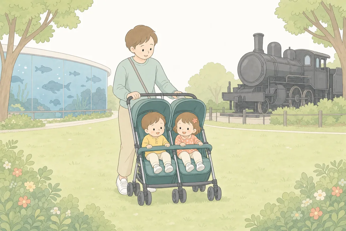 芝生と水族館と鉄道の見どころが同じ公園にある梅小路を、一体型共通バーの双子ベビーカーで歩く家族のイラスト