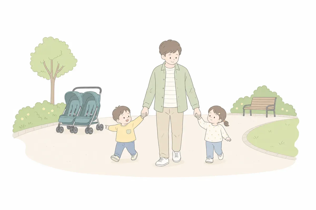 公園で双子としっかり手をつなぐ親のイラスト