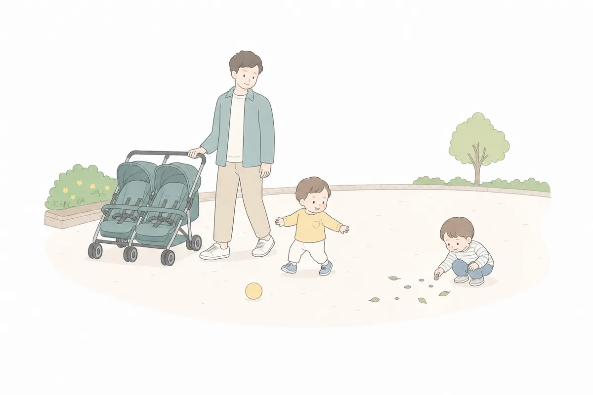 広場で双子を見守る親のイラスト