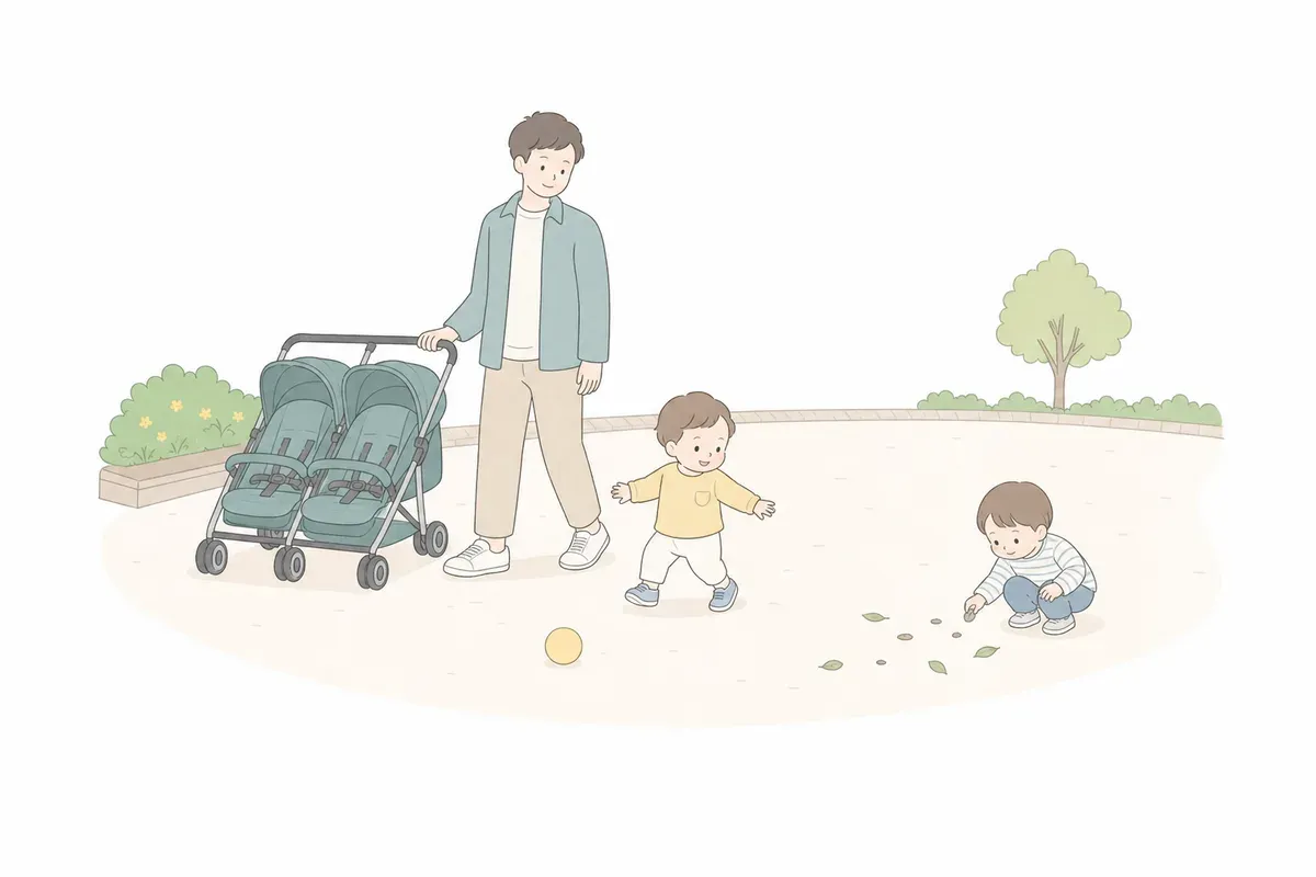広場で双子を見守る親のイラスト