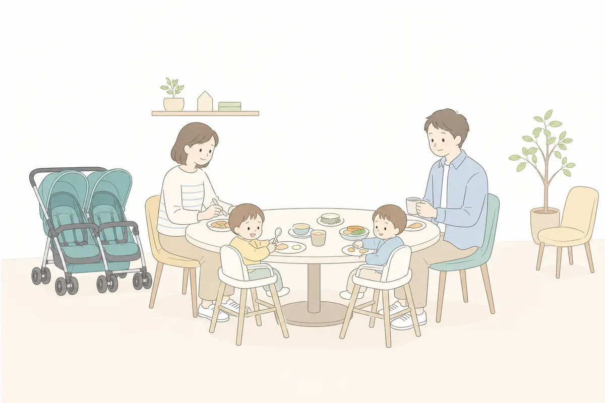 子連れ歓迎の店で双子と食事する家族のイラスト