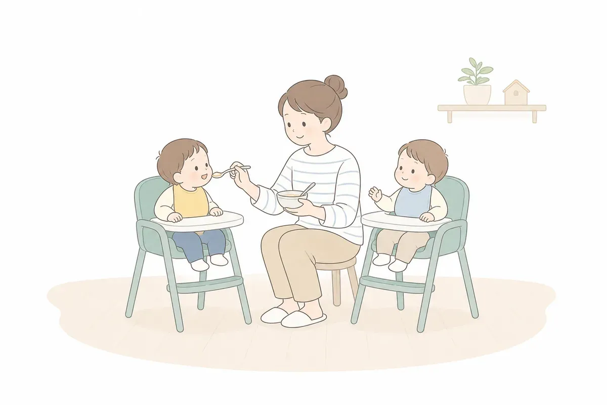 離乳食を双子に食べさせる親のイラスト