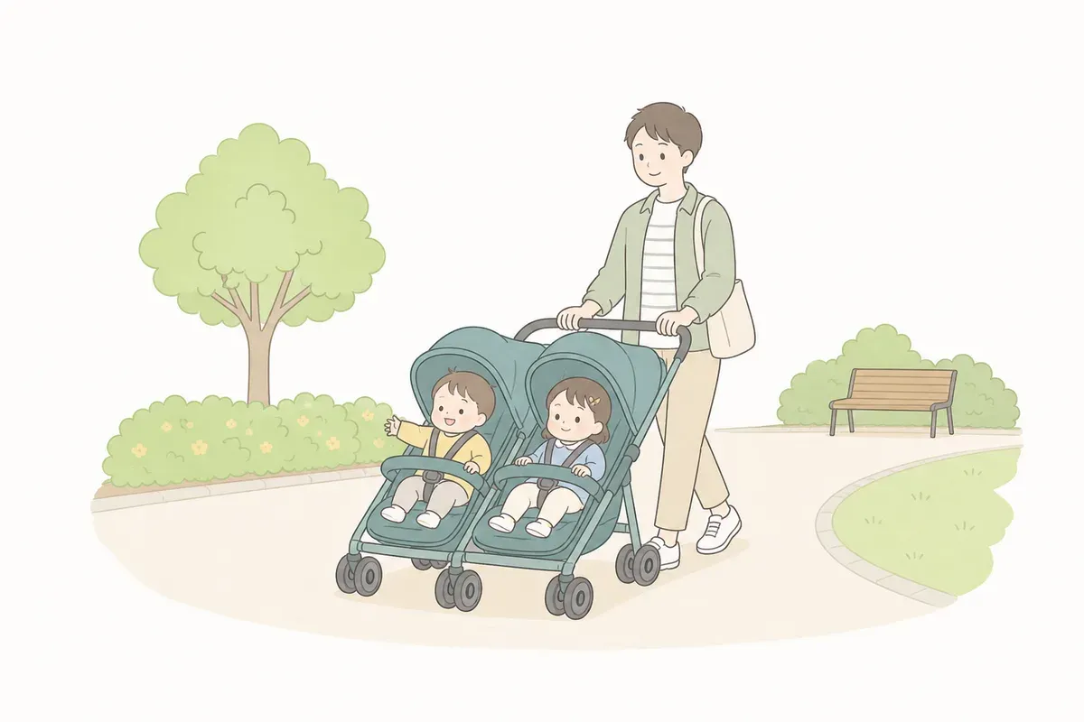 近所の公園へ双子ベビーカーでお散歩する家族のイラスト
