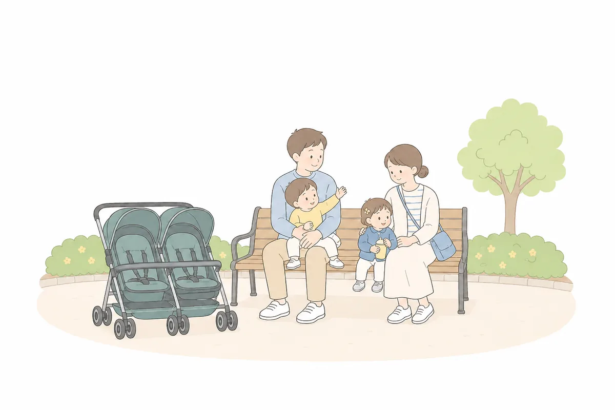 公園のベンチでひと休みする双子連れ家族のイラスト