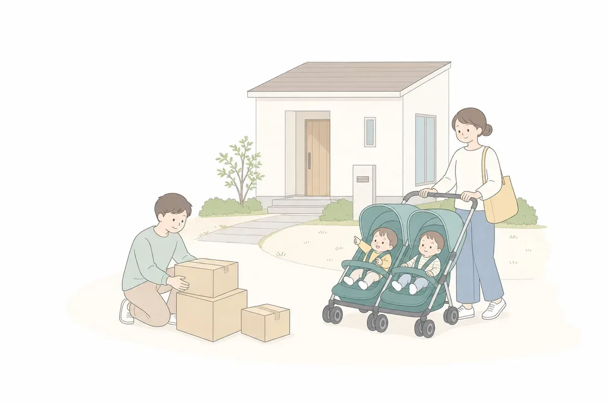 引っ越し先の新しい家の前の双子連れ家族のイラスト