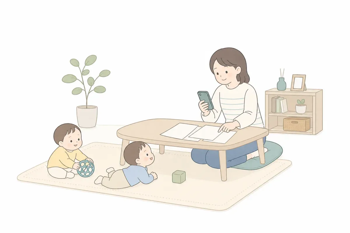 自宅で双子の支援制度を確認する親のイラスト