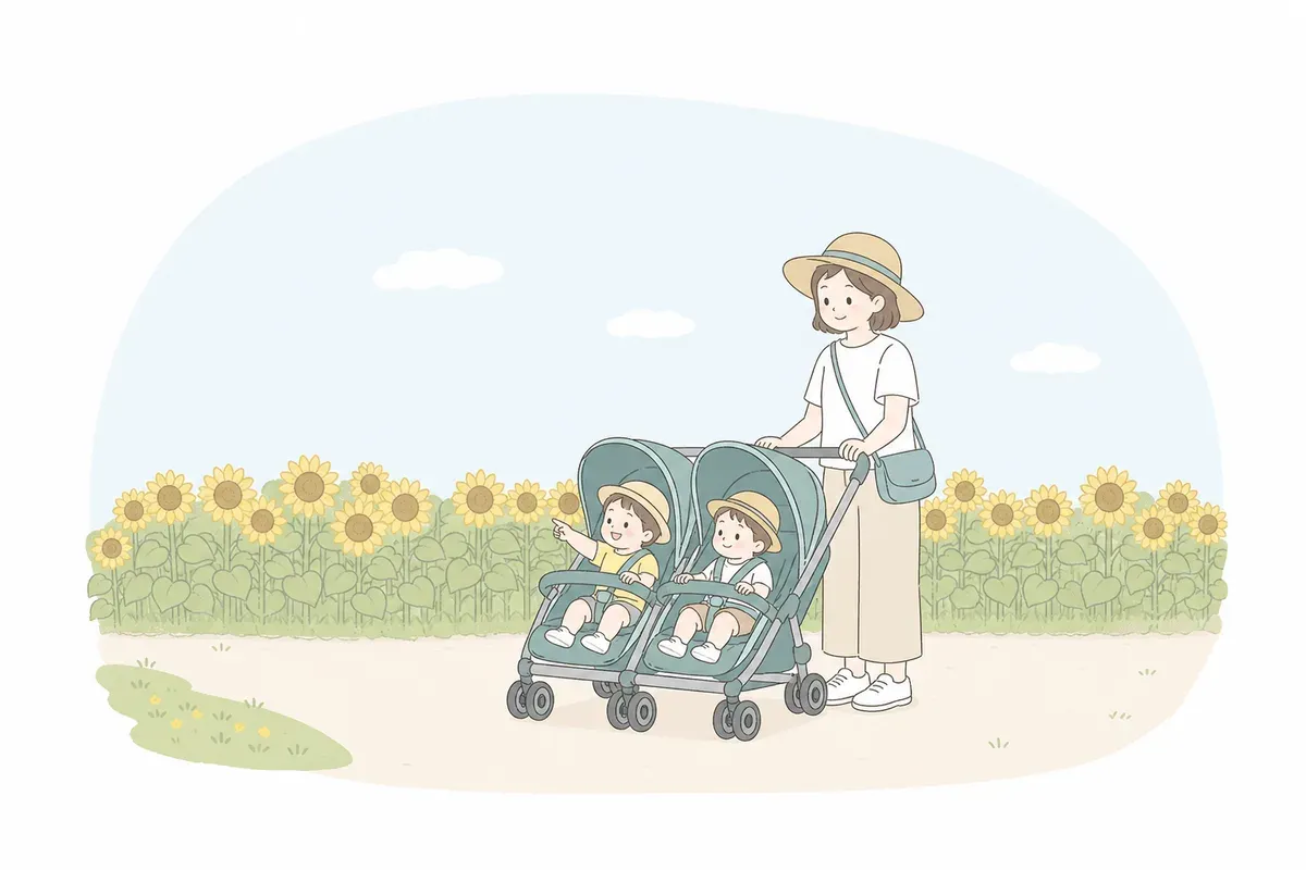 ひまわり畑の前で帽子をかぶった親子と双子用ベビーカーのイラスト