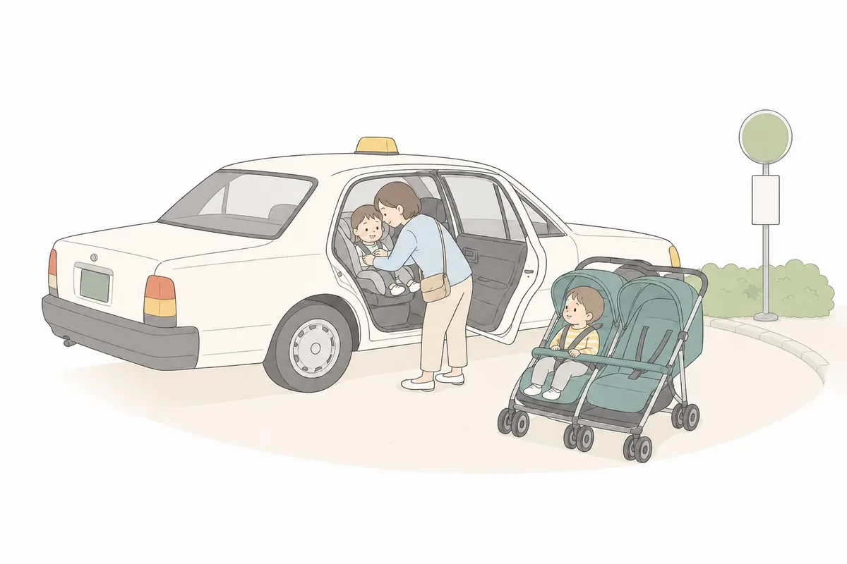 車のチャイルドシートに双子を乗せる家族のイラスト