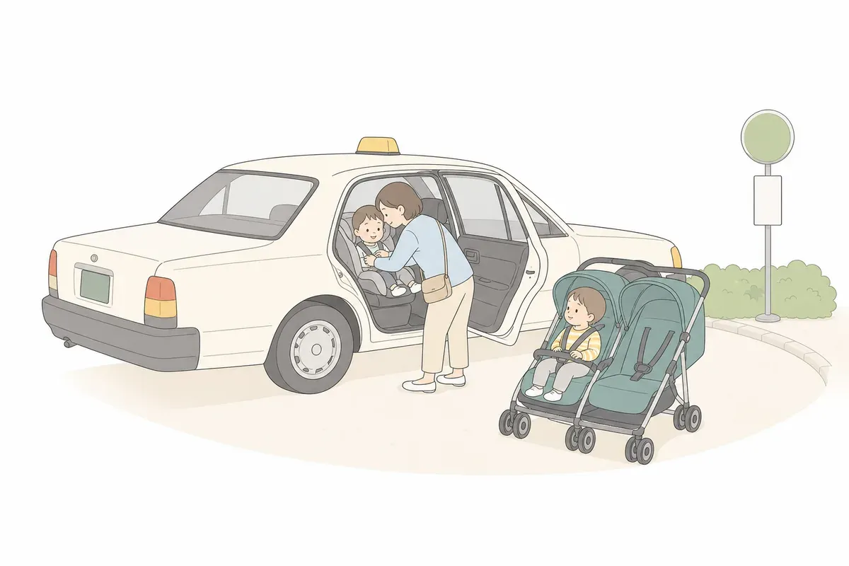 車のチャイルドシートに双子を乗せる家族のイラスト