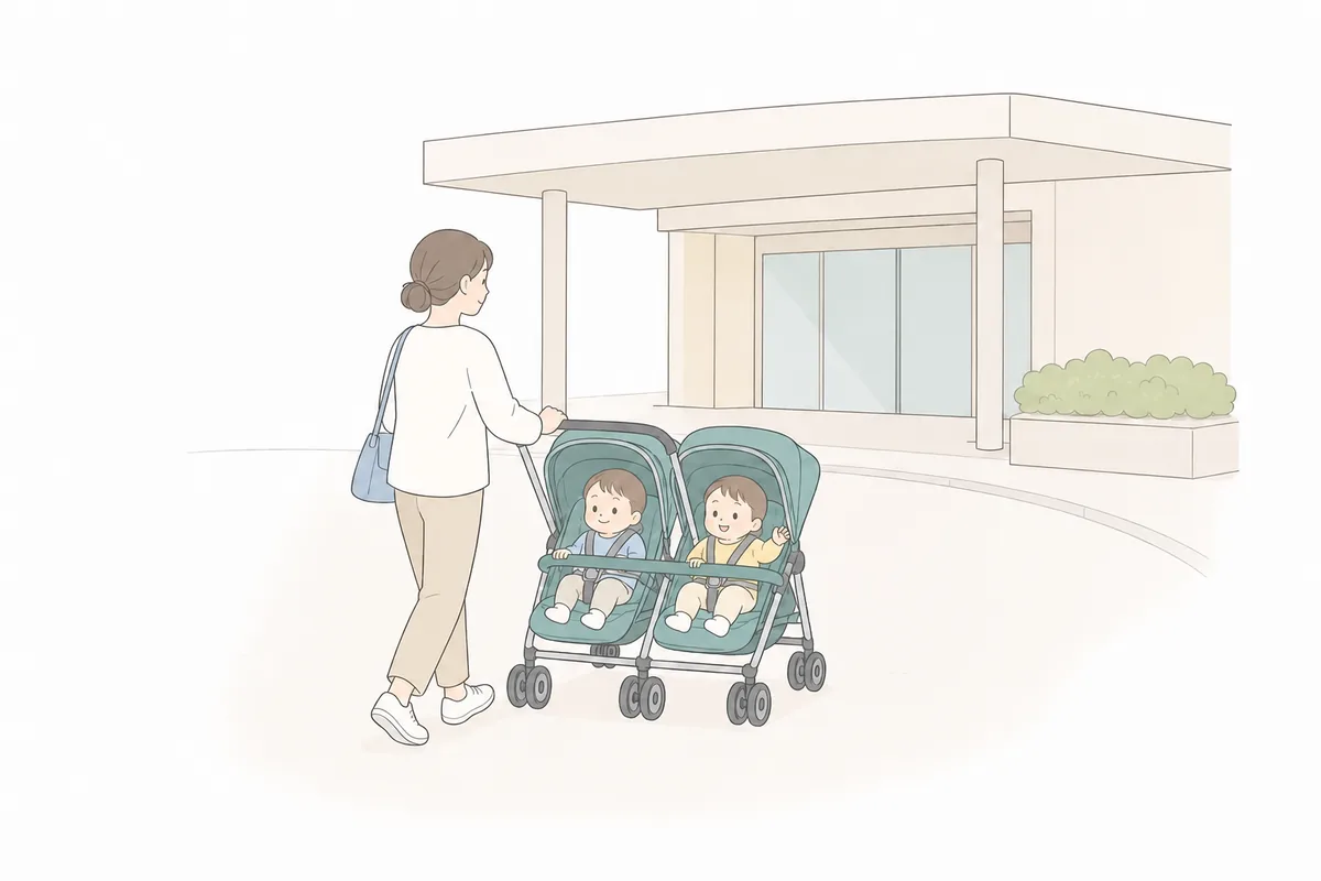 双子ベビーカーで車寄せに向かう家族のイラスト