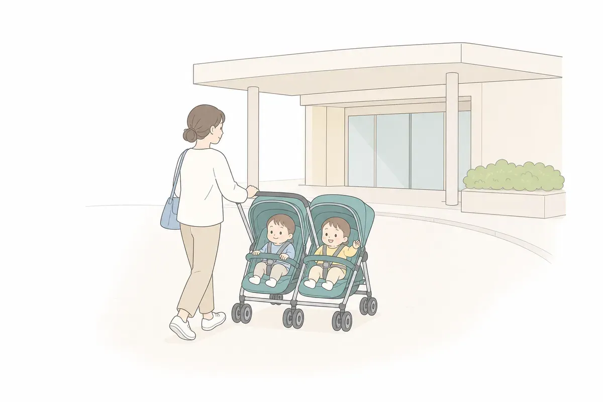 双子ベビーカーで車寄せに向かう家族のイラスト