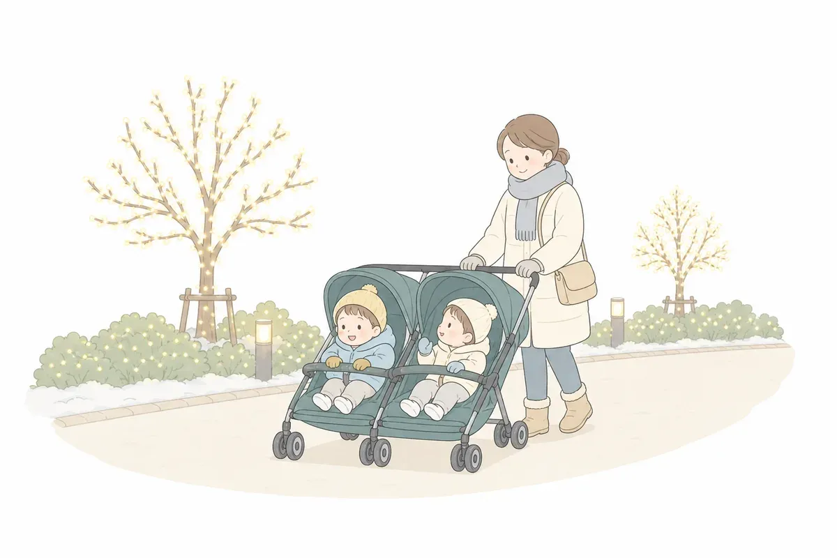 冬の夜のイルミネーションを厚着した親子が双子用ベビーカーで見るイラスト