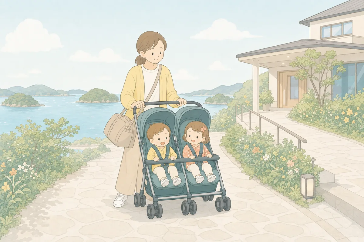 伊勢志摩の海を望む場所で、旅行バッグと一体型共通バーの双子ベビーカーを囲む家族のイラスト