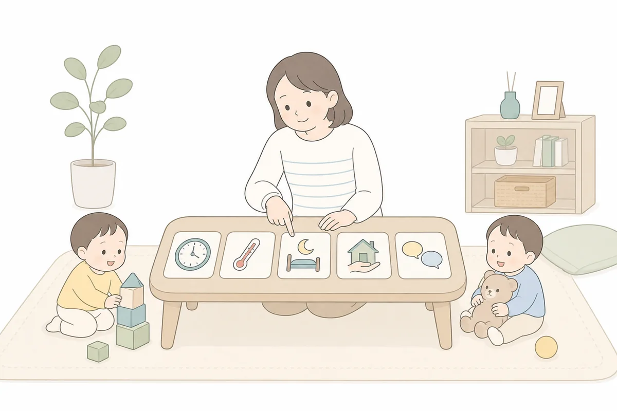 困りごと別の自治体サービスを選ぶ双子家庭のイラスト
