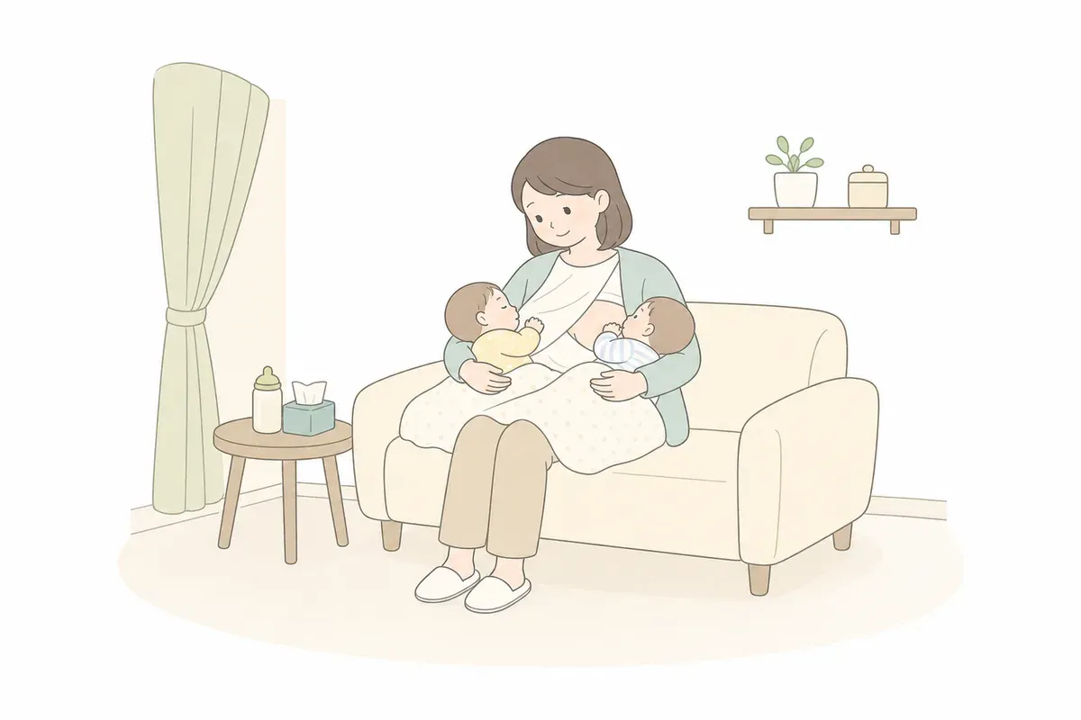 双子を同時に授乳する親のイラスト