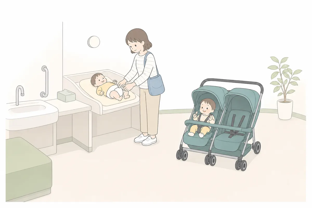 広い多目的トイレで双子のおむつを替える親のイラスト