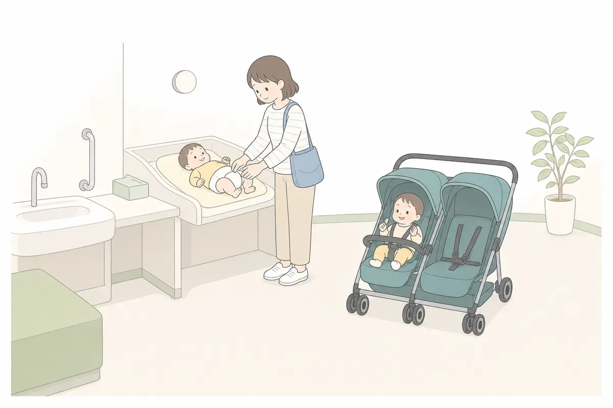 広い多目的トイレで双子のおむつを替える親のイラスト