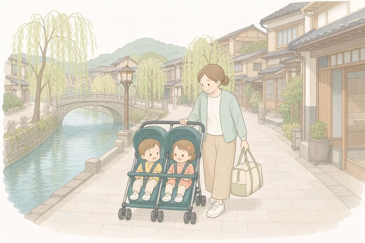 城崎らしい温泉街の入口で、旅行バッグと一体型共通バーの双子ベビーカーを囲む家族のイラスト