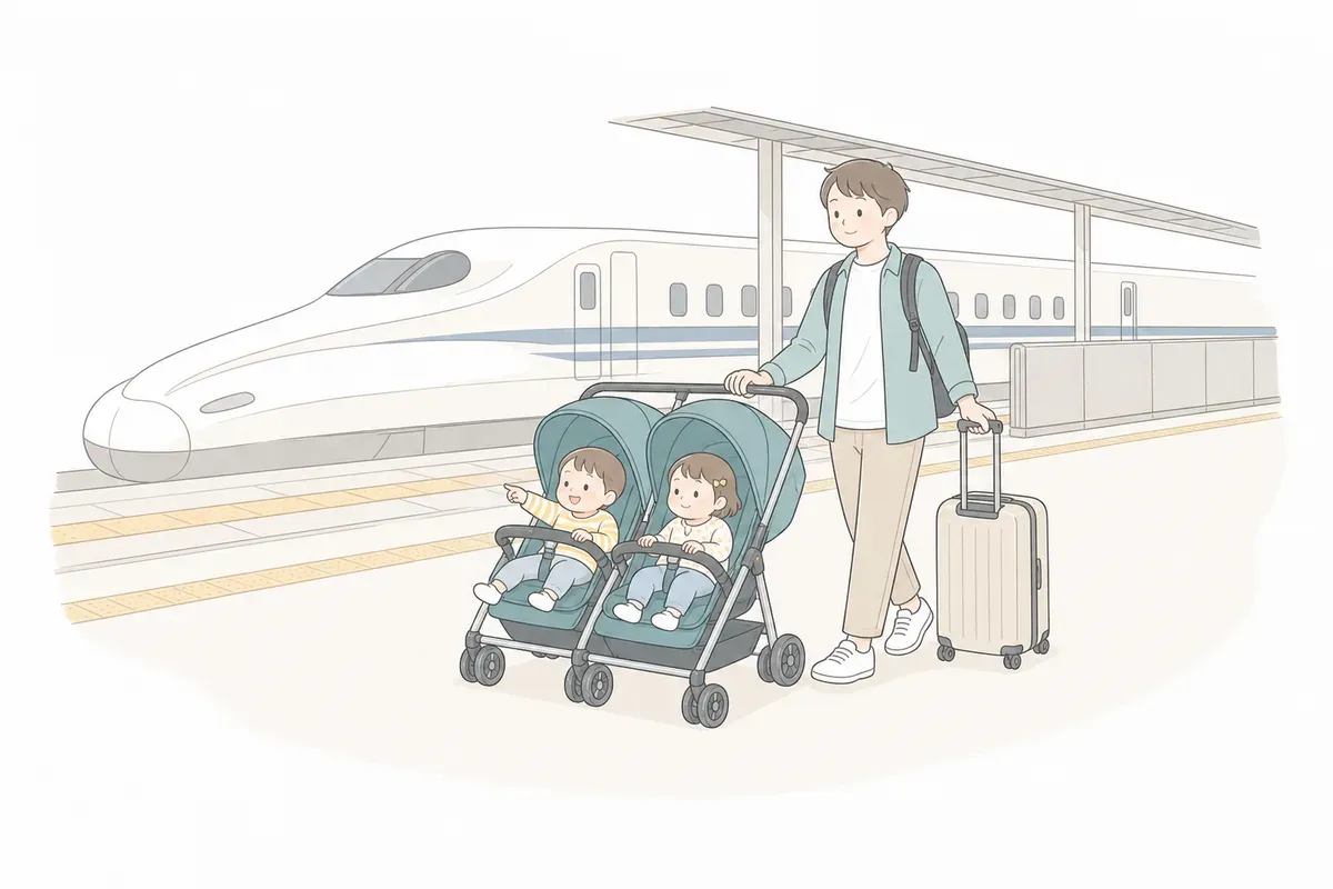 新幹線のホームで双子と移動する親子のイラスト