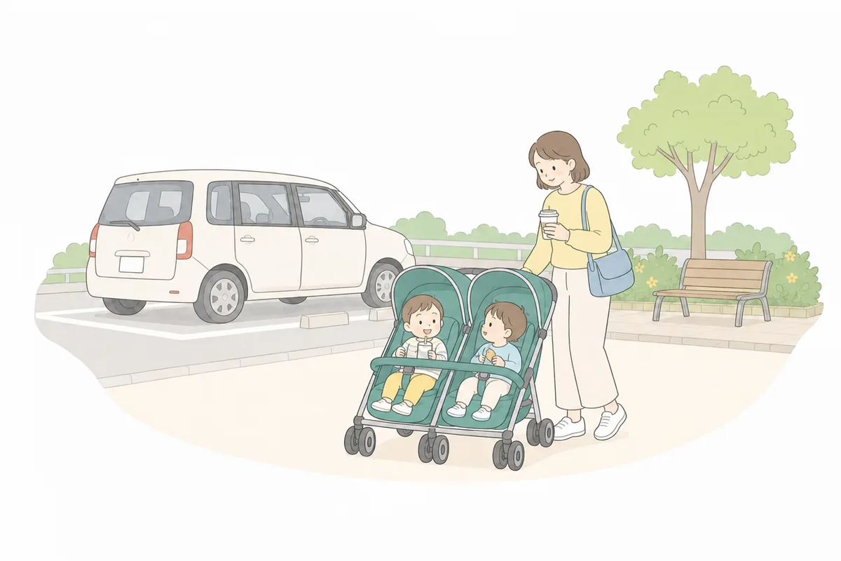 車での帰省で休憩する親と双子のイラスト