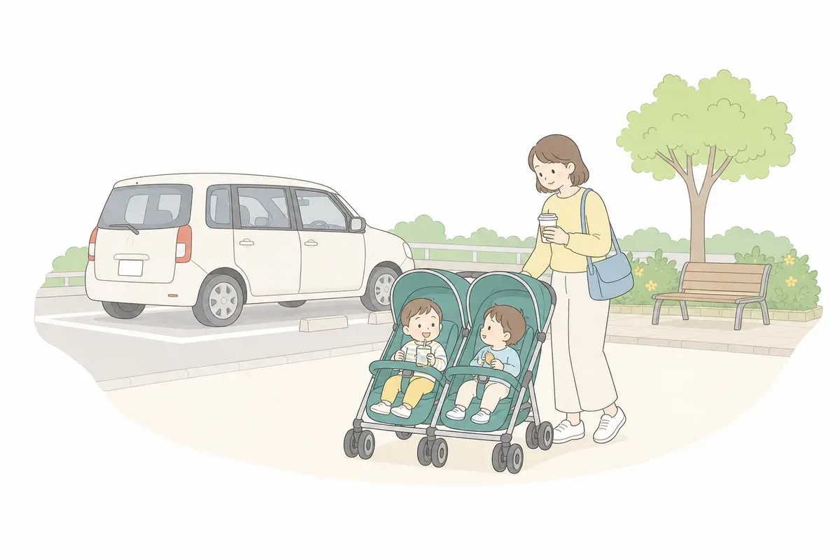 車での帰省で休憩する親と双子のイラスト
