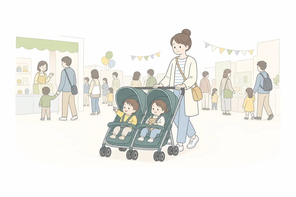 混雑した場所を双子用ベビーカーで落ち着いて回る親のイラスト