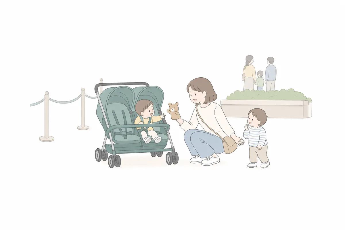 待ち時間に双子をあやす親のイラスト