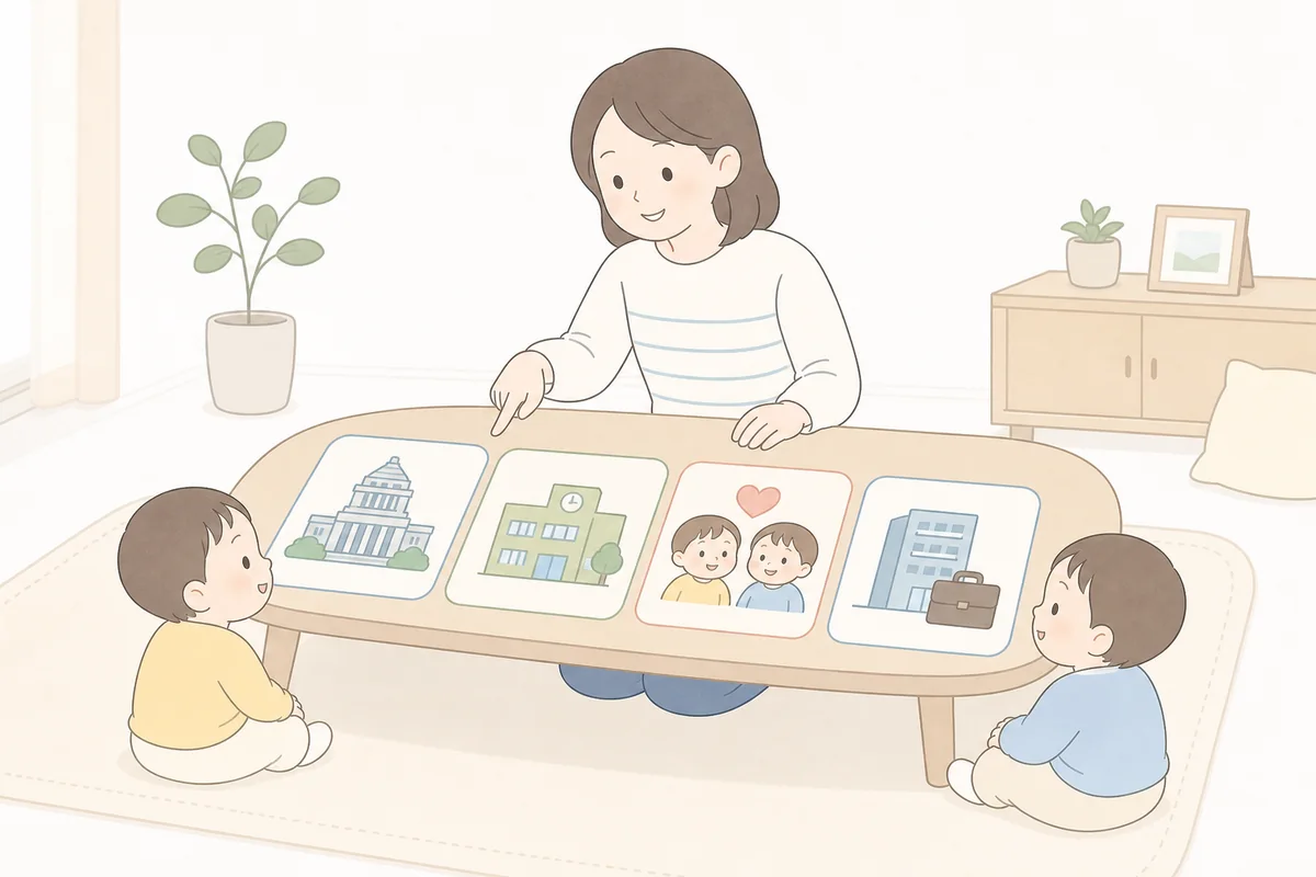 国・自治体・双子・勤務先を表す4枚のカードを囲む双子家庭のイラスト