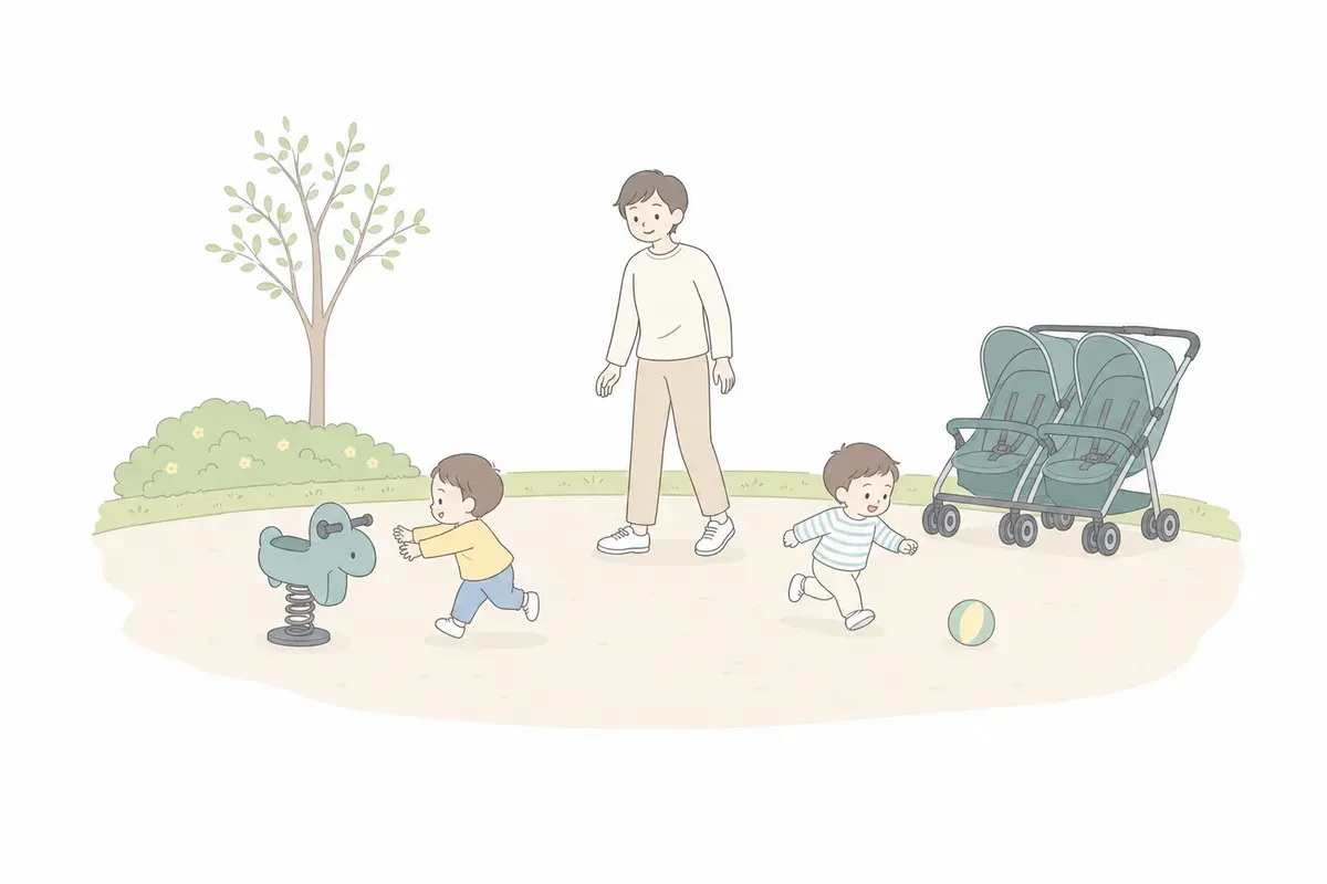 無料の公園で双子と遊ぶ親子のイラスト