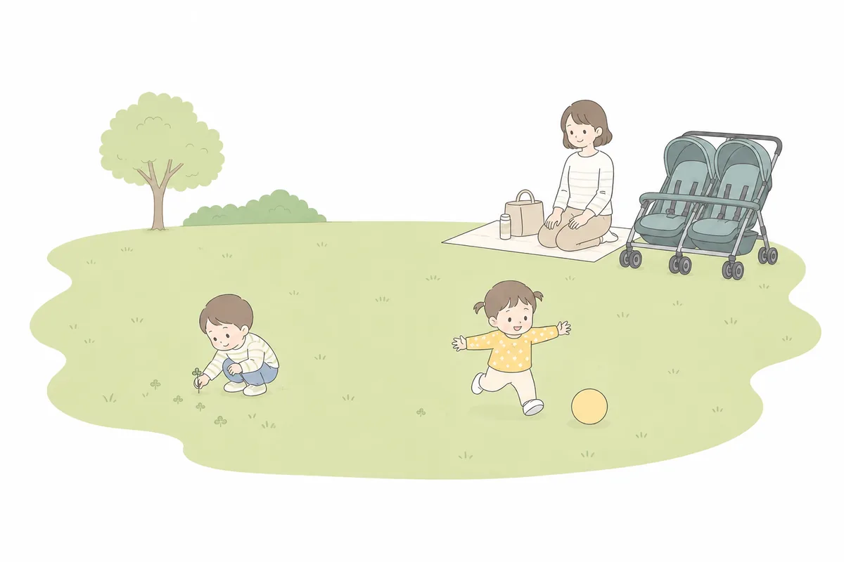 芝生で双子が遊ぶイラスト