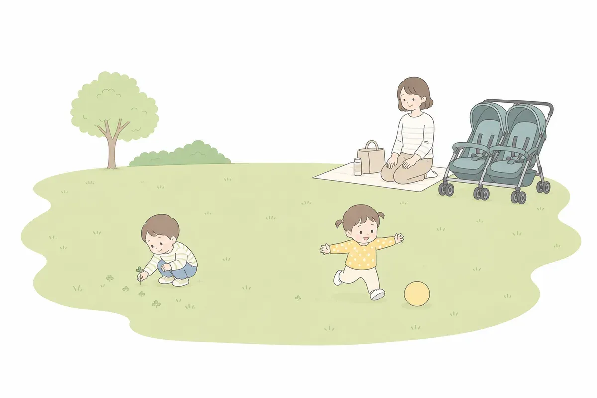 芝生で双子が遊ぶイラスト
