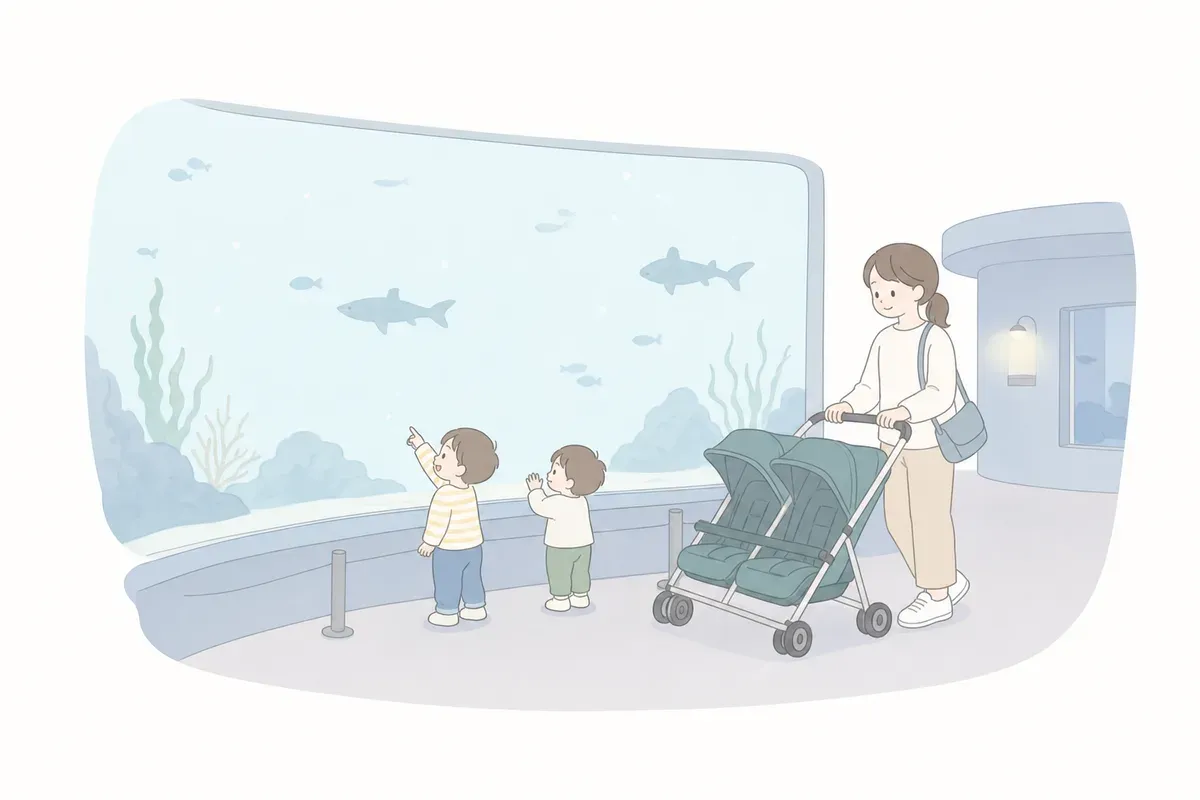 夜の水族館で、やわらかい光の水槽を双子と眺める親子のイラスト