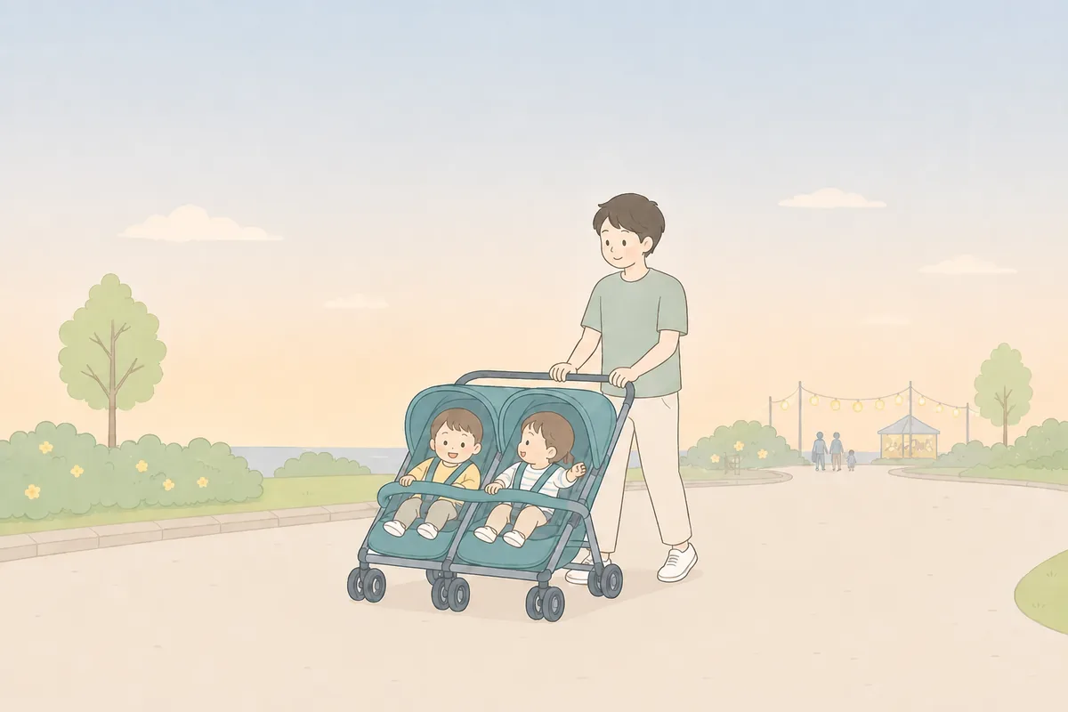 夏の夕暮れ、双子用ベビーカーで公園を散歩しながら帰る親子のイラスト