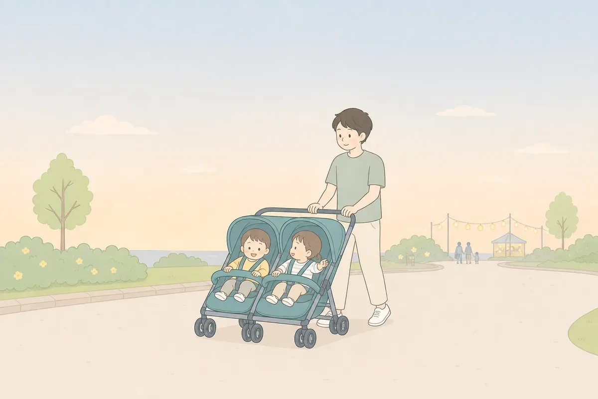 夏の夕暮れ、双子用ベビーカーで公園を散歩しながら帰る親子のイラスト
