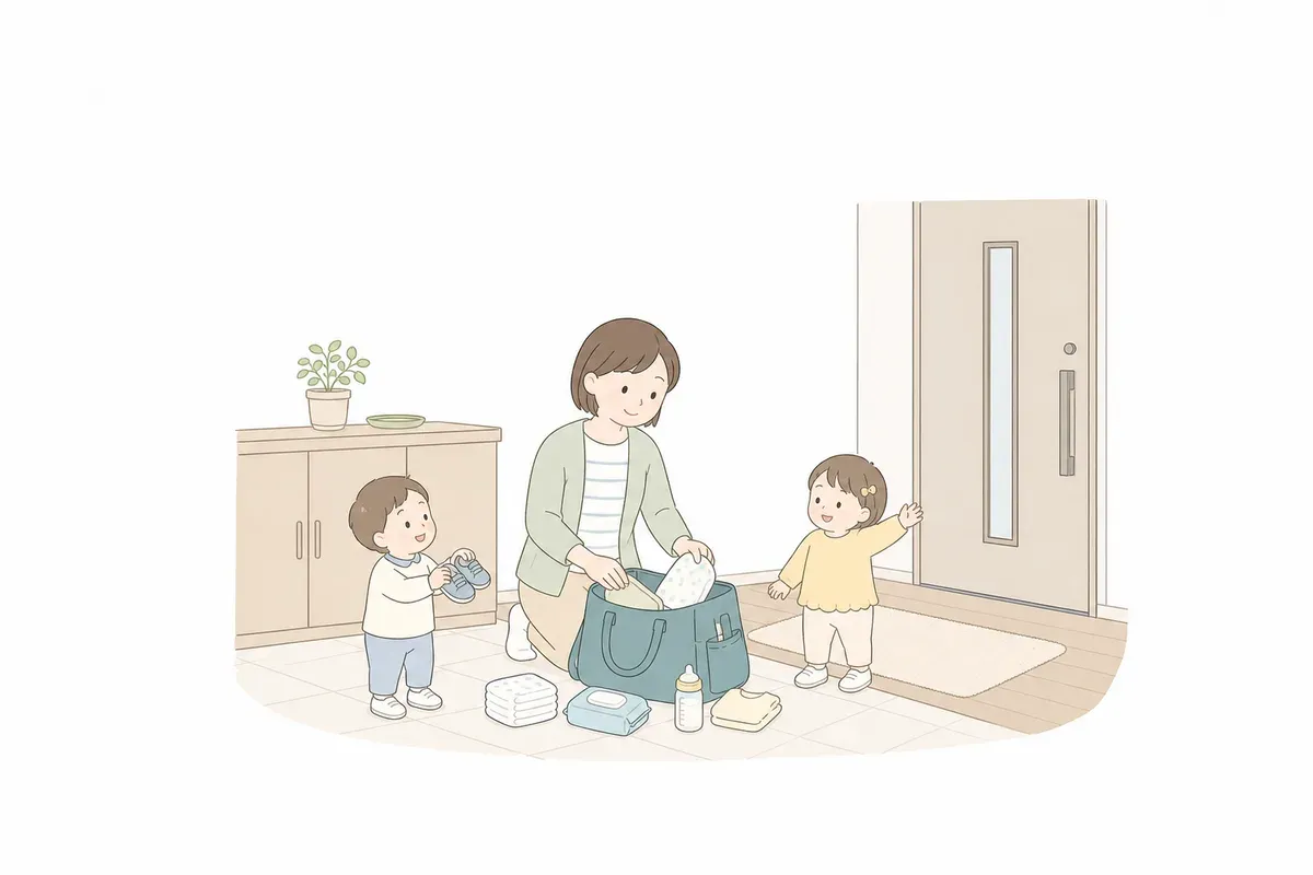 おでかけバッグに荷物を準備する親と双子のイラスト