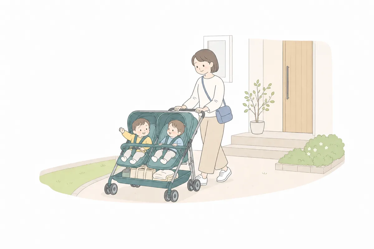 双子用ベビーカーに荷物を積んで出発する親子のイラスト