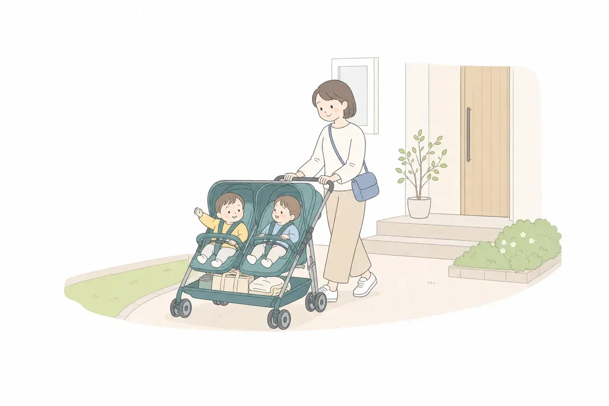 双子用ベビーカーに荷物を積んで出発する親子のイラスト